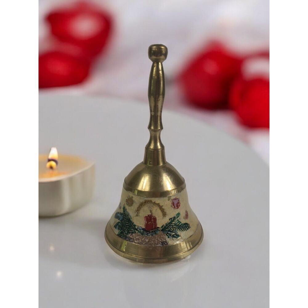 Vintage Brass Christmas Bell Cloisonne Painted Holly & Candle 5" tall